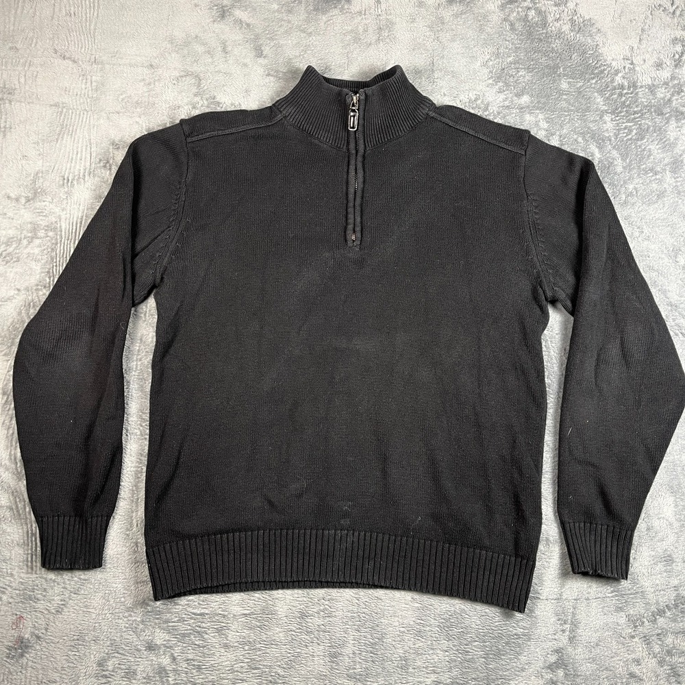 Oscar De La Renta Sweater Mens Large Black Cotton Ribbed Tight Knit Quarter Zip